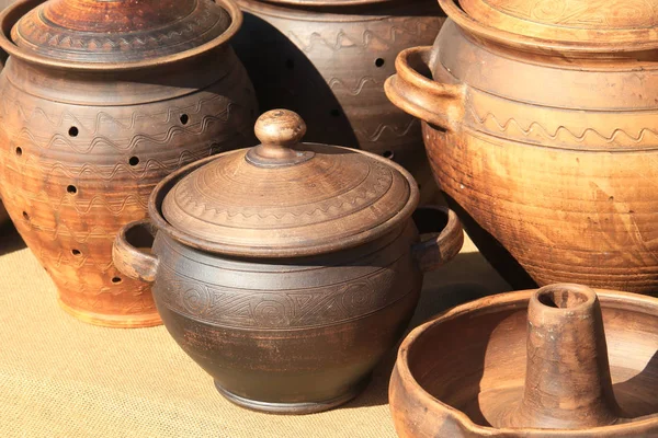 Macro Beautiful Clay Pots Sunlight — Stock Photo, Image