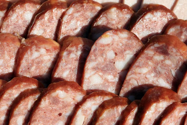 Macro Meat Sausage Sliced Picnic Summer Garden Natural Light — Stock Photo, Image