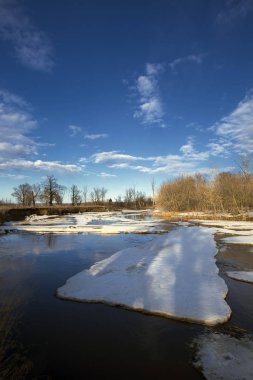 Fiyasko, nehir, orman ve bulutların üzerinde mavi bir gökyüzü, bahar yatay