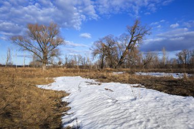 Fiyasko, nehir, orman ve bulutların üzerinde mavi bir gökyüzü, bahar yatay