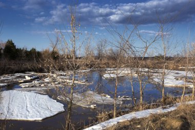 Fiyasko, nehir, orman ve bulutların üzerinde mavi bir gökyüzü, bahar yatay