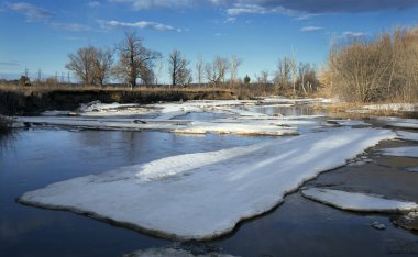 Fiyasko, nehir, orman ve bulutların üzerinde mavi bir gökyüzü, bahar yatay