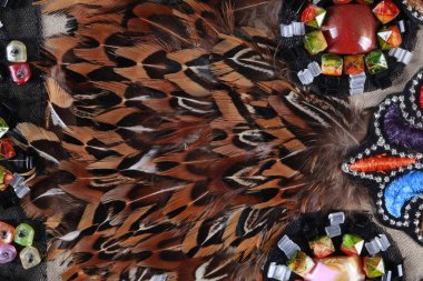 Tüylerle, nakışlarla, stüdyoda boncuklarla süslenmiş makro doku parçası kostümü.