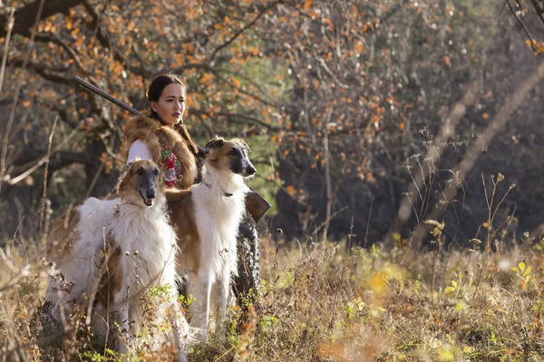 Portret Van Een Mooi Meisje Een Jager Met Honden Russische — Stockfoto