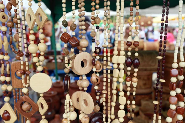 Primer Plano Cuentas Madera Feria Artesanía Popular — Foto de Stock