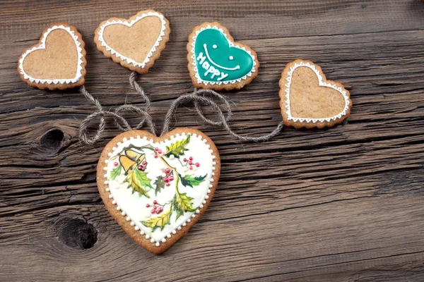 Close Biscoitos Forma Coração Juntamente Com Corda Estúdio Quadros Antigos — Fotografia de Stock
