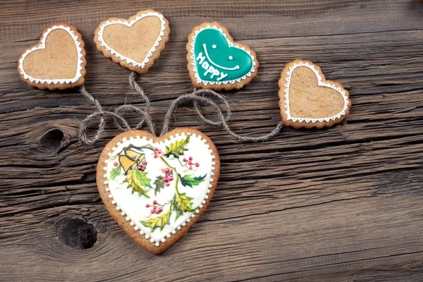 Close Cookies Shape Heart Coupled String Background Old Boards Studio — Stock Photo, Image