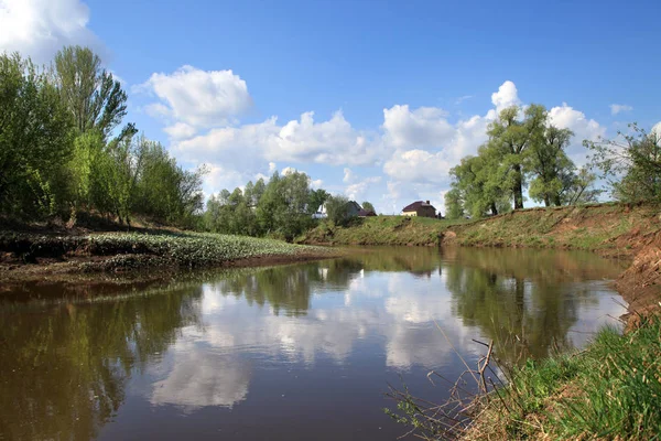 Paysage Printanier Rivière Calme Avec Une Surface Lisse Des Arbres — Photo