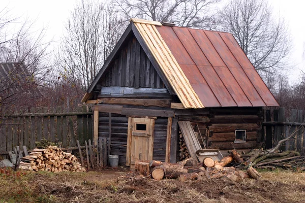 Old Russian Log Sauna Desa Musim Gugur — Stok Foto