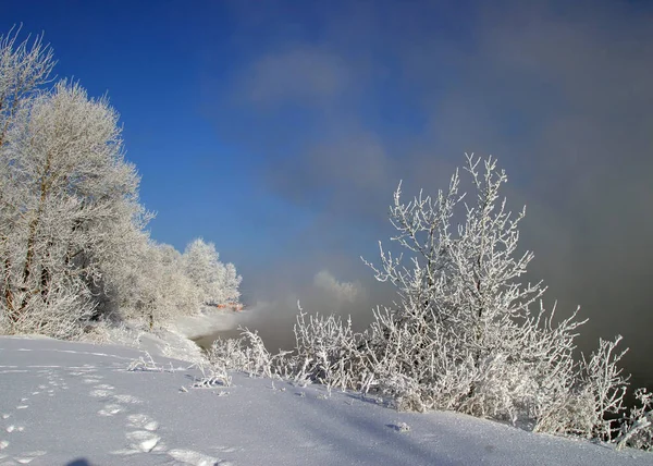 Vinter Landskap Dimmig Morgon Floden Vid Soluppgången — Stockfoto