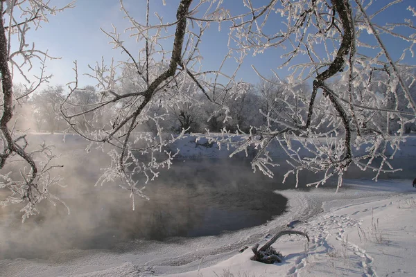 Paesaggio Invernale Gelido Giorno Sul Fiume Zai — Foto Stock