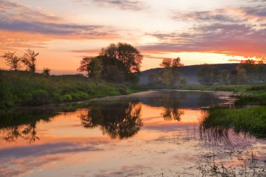 yaz manzarası pembe ve turuncu gün batımı sakin nehir ve sahildeki ağaçlar üzerinde