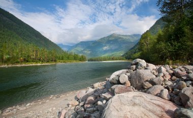Muhteşem dağ manzarası nehri, orman ve yazın bulutlu gökyüzü.