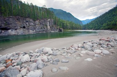 Muhteşem dağ manzarası nehri, orman ve yazın bulutlu gökyüzü.