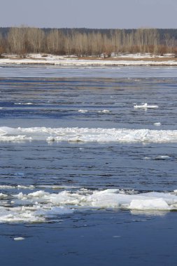 Baharda güneşli bir günde nehir üzerindeki buz tabakası sürükleniyor. 
