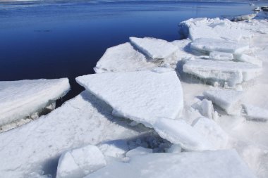 Baharın erken saatlerinde güneşli bir günde nehir üzerindeki buzlar sürükleniyor. 