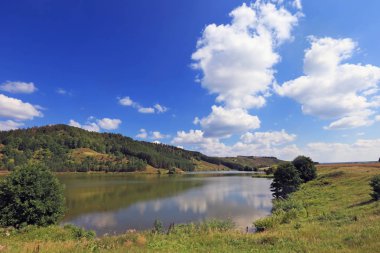 Yaz manzara sessiz nehir kenarında ormanın güneşli bir günde bir tepe üzerinde