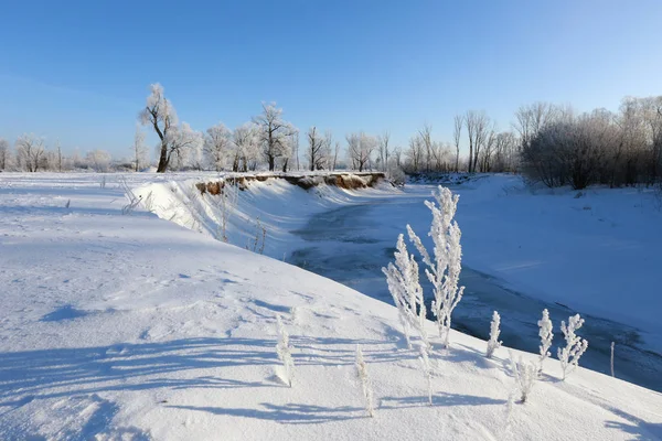 Winterlandschap Zonnige Ijzige Ochtend Aan Rivier Blauwe Lucht Bomen Ijzel — Stockfoto