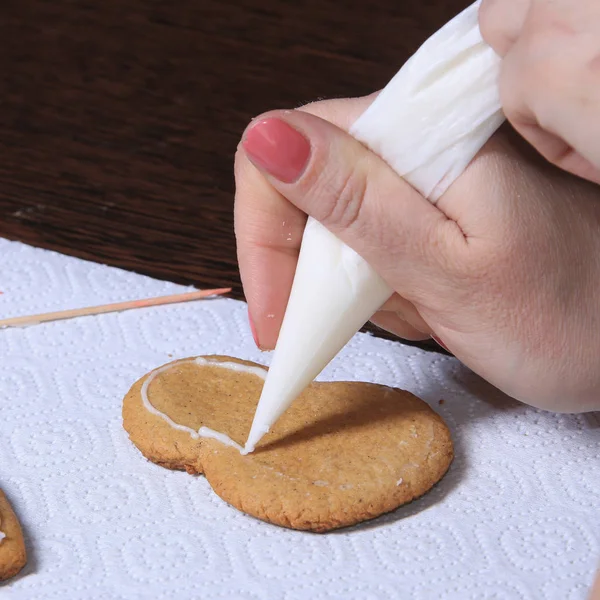 Close Process Hand Painted Ginger Cookies — Stock Photo, Image