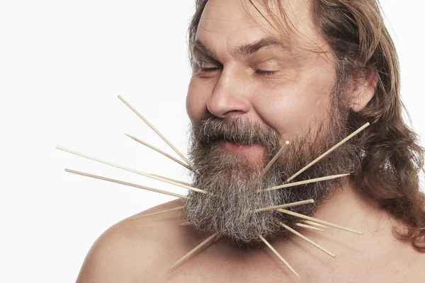 Retrato Cerca Hombre Alegre Con Palos Estudio Barba —  Fotos de Stock