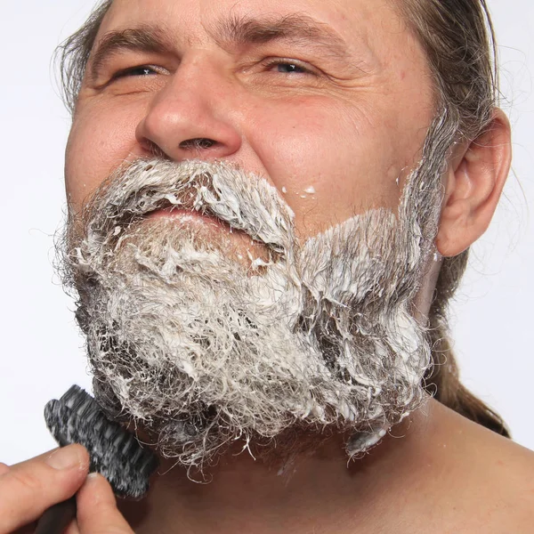 Ritratto Adulto Carismatico Momento Della Tintura Del Suo Studio Barba — Foto Stock