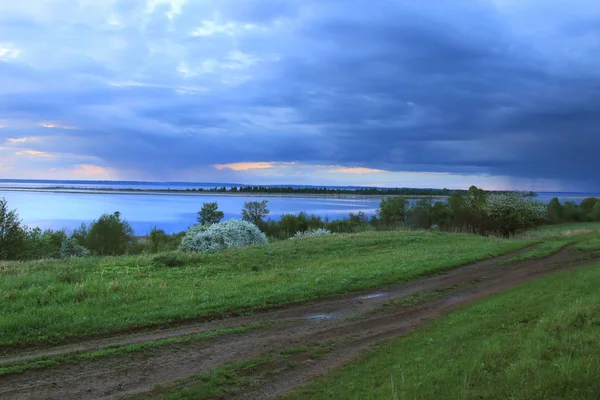 Vårlandskap Blommande Äppelträd Älvstranden Vid Solnedgången — Stockfoto