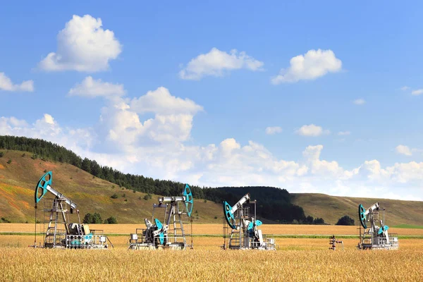 Sommar Landskap Oljepumpar Ett Fält Klar Solig Dag — Stockfoto