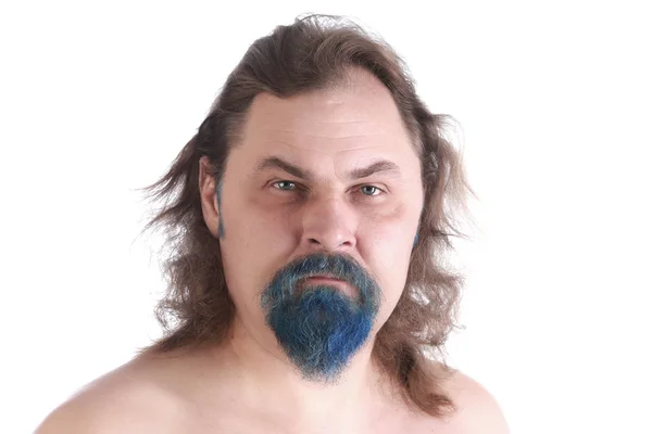 Nahaufnahme Porträt Eines Erwachsenen Mannes Mit Langen Haaren Blauem Bart — Stockfoto