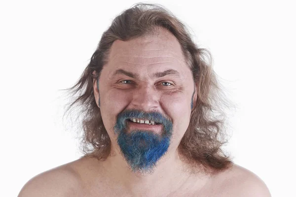 Retrato Primer Plano Varón Adulto Con Pelo Largo Barba Azul — Foto de Stock