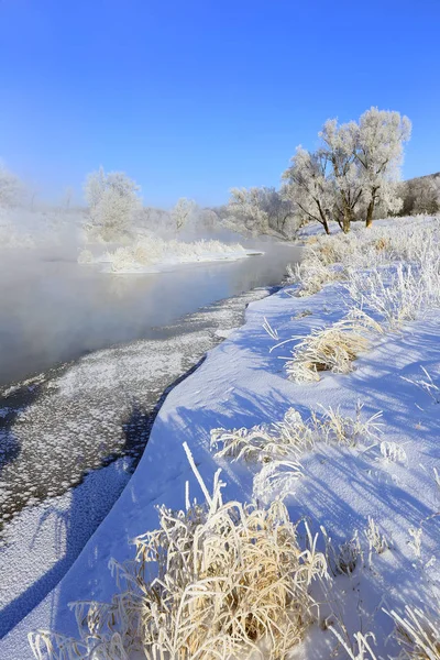 Foggy Winter Landscape Frosty Morning River Trees Hoarfrost Shores — Stock Photo, Image