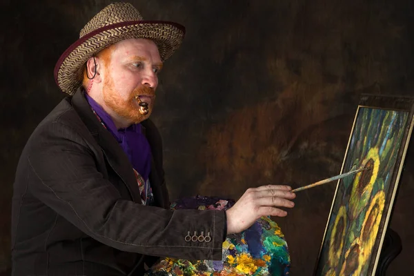 close-up portrait of the adult artist with red beard and mustache in the style of Vincent van Gogh studio on dark background