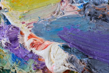 makro ressamın paleti, dokusu farklı renklerde ve doygunluk stüdyosunda karışık yağlı boya.