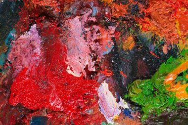 makro ressamın paleti, dokusu farklı renklerde ve doygunluk stüdyosunda karışık yağlı boya.