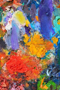 makro ressamın paleti, dokusu farklı renklerde ve doygunluk stüdyosunda karışık yağlı boya.