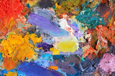 makro ressamın paleti, dokusu farklı renklerde ve doygunluk stüdyosunda karışık yağlı boya.