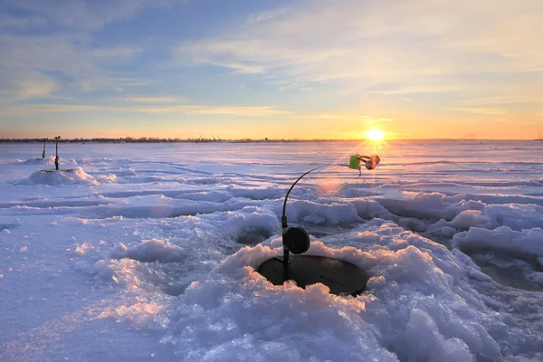 Winter Landscape Rod River Hole Sunset — Stock Photo, Image