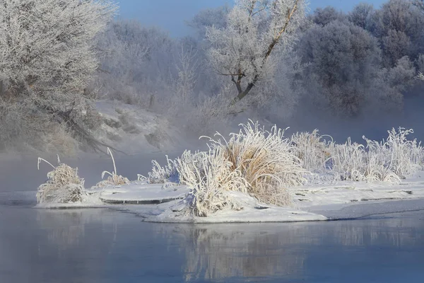 Sisli Kış Manzarası Nehrin Üzerinde Dondurucu Bir Sabah Kumlu Ağaçlar — Stok fotoğraf