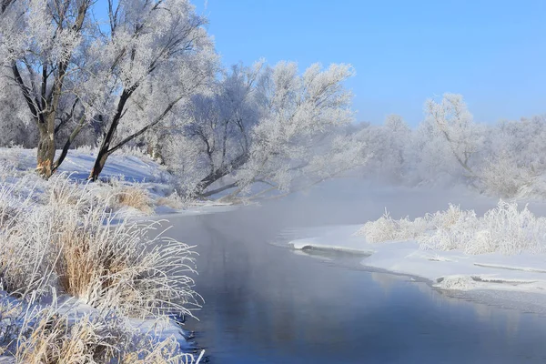 Neblige Winterlandschaft Frostiger Morgen Über Dem Fluss Und Bäume Raureif — Stockfoto