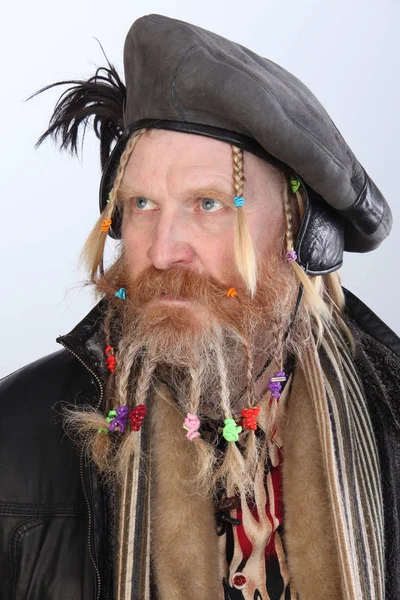 Close Portrait Adult Male Long Beard Mustache Hair Braided Pigtails — Stock Photo, Image