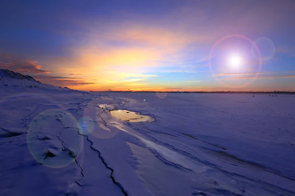 Winter Landscape Sunset Ice River City Horizon — Stock Photo, Image