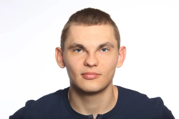 Close Portrait Young Man Blue Shirt White Background Studio — Stock Photo, Image