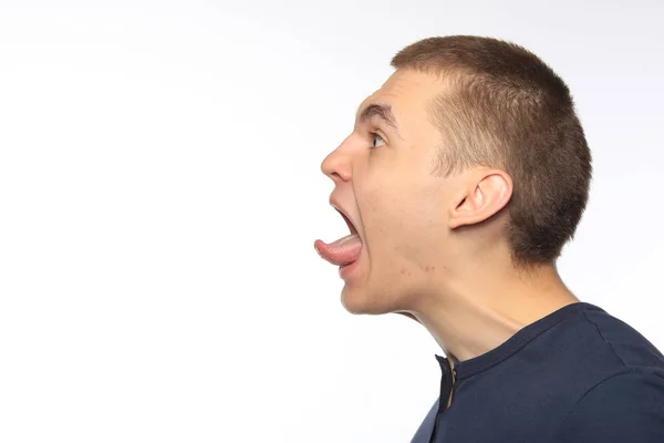 Close Perfil Retrato Jovem Uma Camisa Azul Estúdio Fundo Branco — Fotografia de Stock