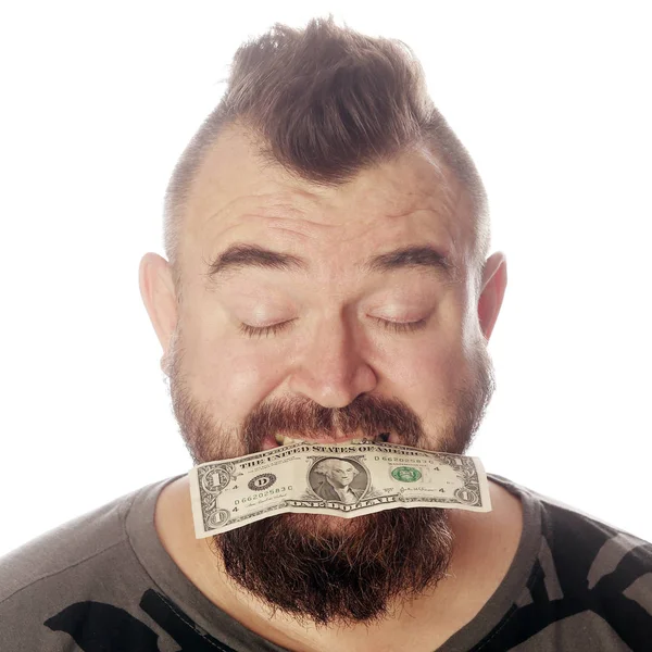 Close Portrait Man Money His Mouth White Background Studio Stock Picture