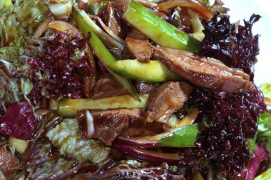 Etli, sebzeli ve soya soslu salatayı siyah arka plan stüdyosunda beyaz bir tabağa koy.