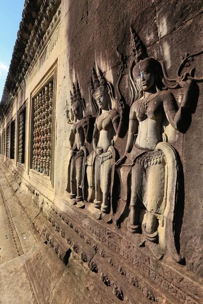 Närbild Textur Sten Snida Gamla Bas Reliefer Templet Angkor Wat — Stockfoto