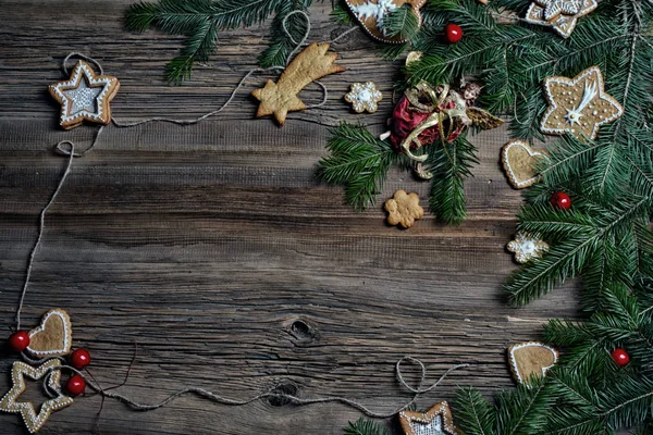 Primer Plano Hermosa Navidad Festiva Bodegón Las Ramas Abeto Galletas — Foto de Stock