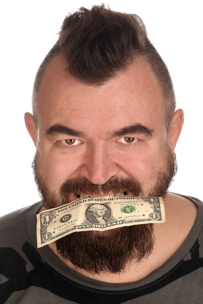 Close Portrait Man Money His Mouth White Background Studio — Stock Photo, Image