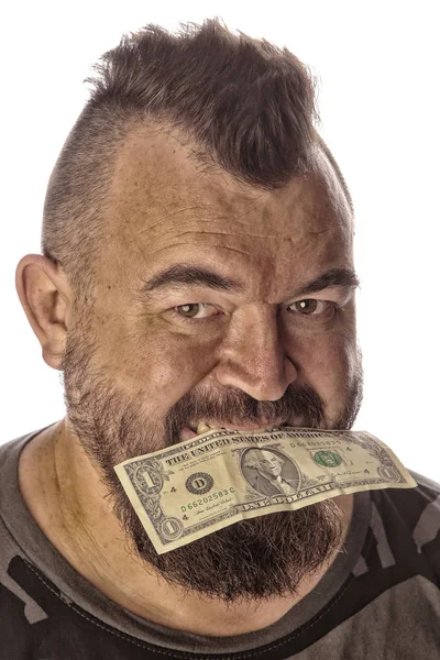 Close Retrato Homem Com Dinheiro Boca Estúdio Fundo Branco — Fotografia de Stock