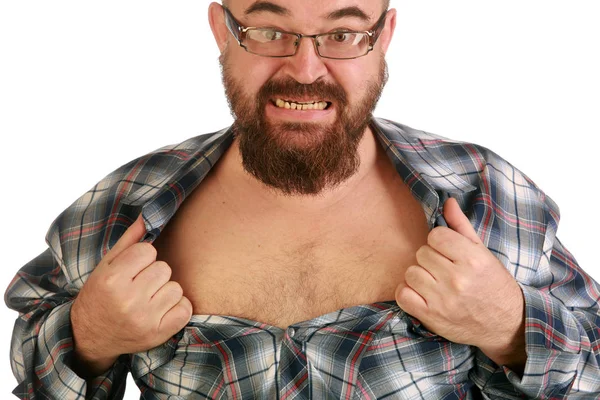 Close Portrait Young Man Beard Mustache Tearing His Shirt His — Stock Photo, Image