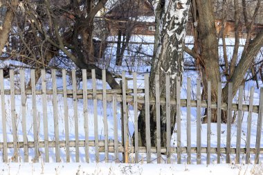 Kışın beyaz kar üzerinde ıssız bir köy çiti.